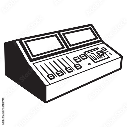 Black and white illustration of a mixing console with various control knobs and sliders