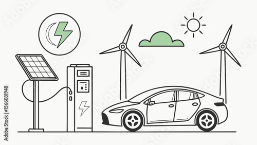 Electric car charging with renewable energy sources like solar and wind power illustration