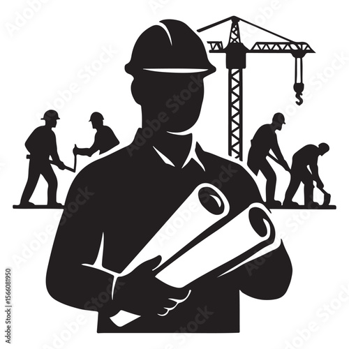 Construction Site Silhouette Illustration – Engineer, Workers, Blueprint & Crane Vector for Industrial Design