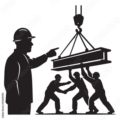 Construction Site Silhouette Illustration – Engineer, Workers, Blueprint & Crane Vector for Industrial Design
