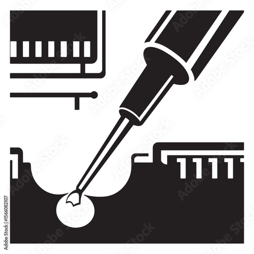 Black and white illustration of a pipette dispensing liquid onto a surface in close up