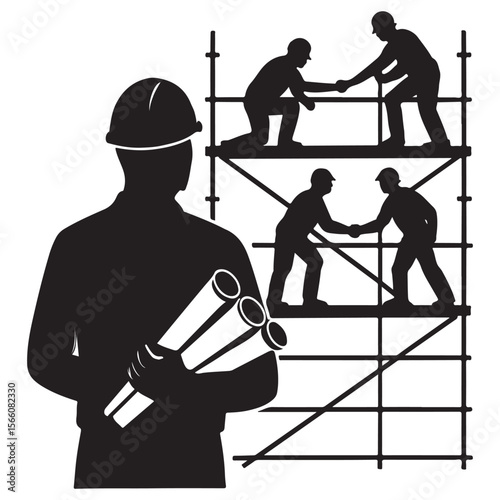 Construction Site Silhouette Illustration – Engineer, Workers, Blueprint & Crane Vector for Industrial Design