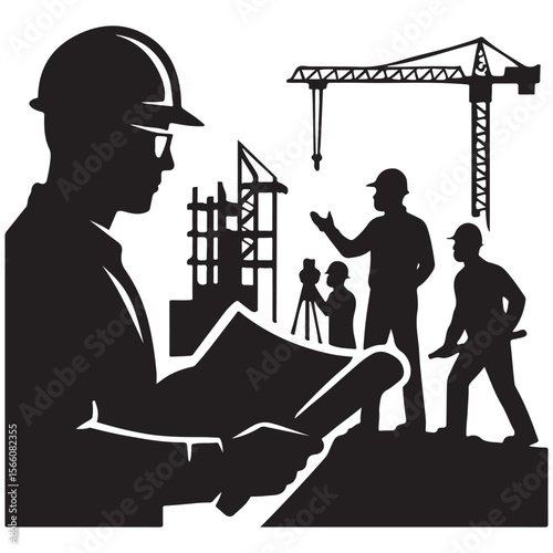 Construction Site Silhouette Illustration – Engineer, Workers, Blueprint & Crane Vector for Industrial Design
