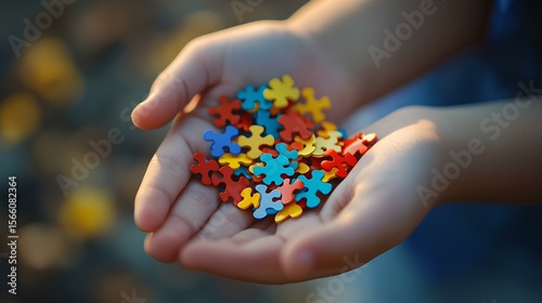 Hands holding colorful puzzle pieces close-up