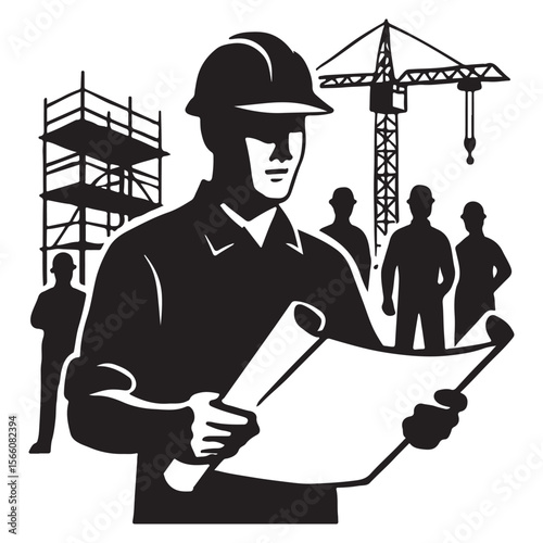 Construction Site Silhouette Illustration – Engineer, Workers, Blueprint & Crane Vector for Industrial Design