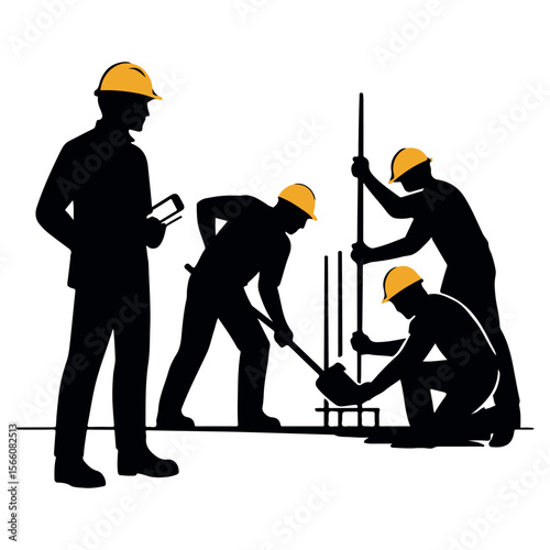 Construction Site Silhouette Illustration – Engineer, Workers, Blueprint & Crane Vector for Industrial Design