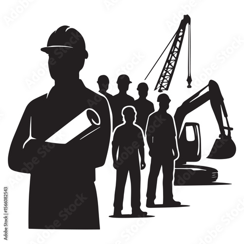 Construction Site Silhouette Illustration – Engineer, Workers, Blueprint & Crane Vector for Industrial Design