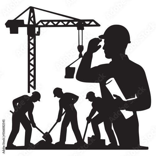Construction Site Silhouette Illustration – Engineer, Workers, Blueprint & Crane Vector for Industrial Design