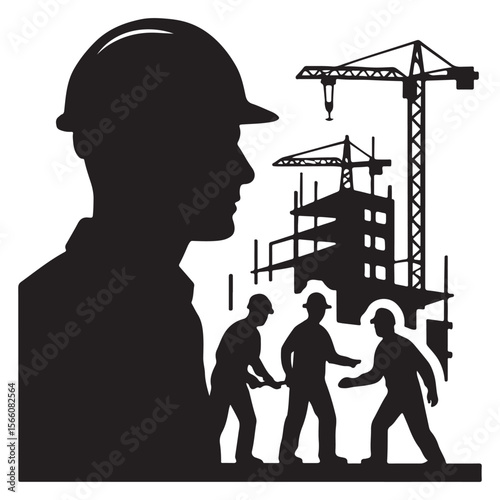 Construction Site Silhouette Illustration – Engineer, Workers, Blueprint & Crane Vector for Industrial Design