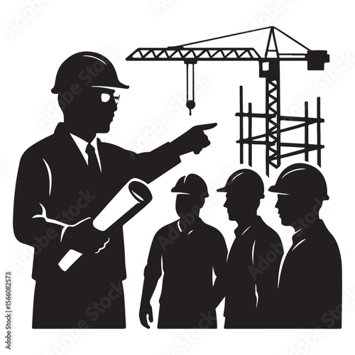 Construction Site Silhouette Illustration – Engineer, Workers, Blueprint & Crane Vector for Industrial Design