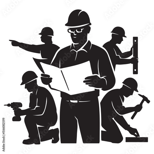 Construction Site Silhouette Illustration – Engineer, Workers, Blueprint & Crane Vector for Industrial Design