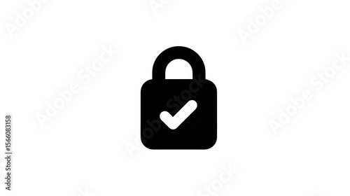 Flat black icon of a lock with a checkmark, representing business security or verification, transparent background