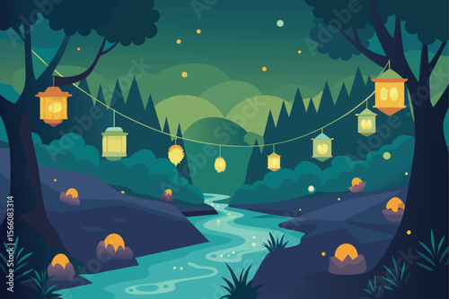 Lanterns in Green Winter Forest Vector