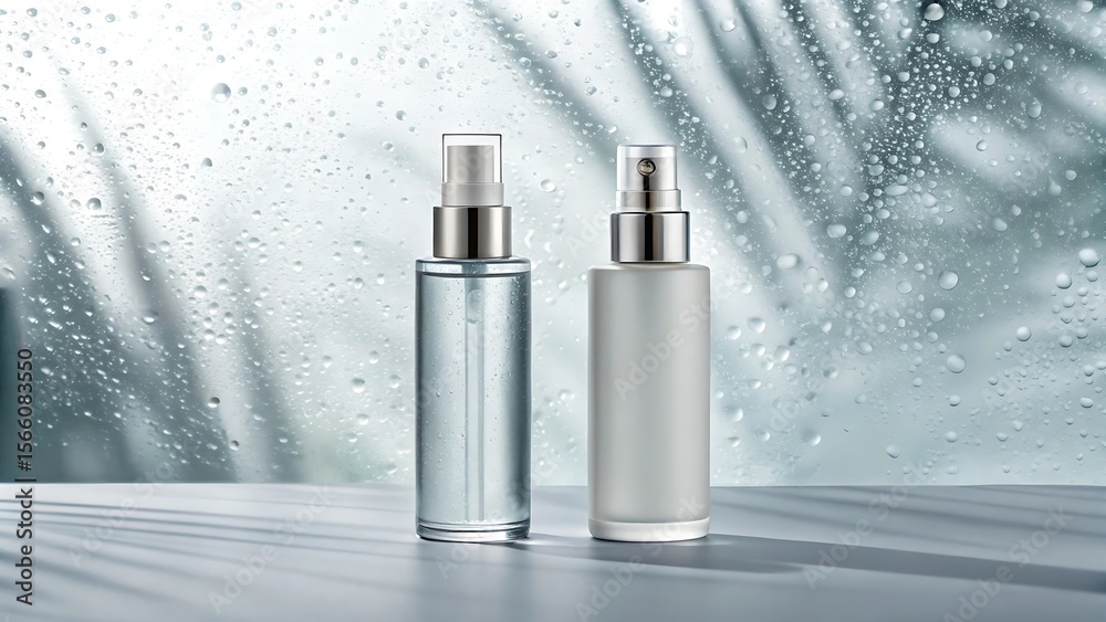Fototapeta Two cosmetic spray bottles with silver caps sit on a surface against a backdrop of water droplets and palm leaf shadows