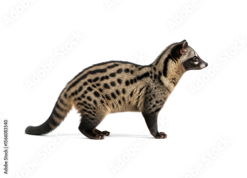Striking civet portrait with detailed fur and alert expression on a white background.