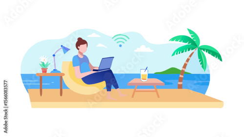 Remote work on the beach illustration with woman laptop and wifi for digital nomad lifestyle concept