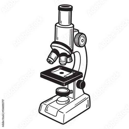 Detailed black and white illustration of a microscope for scientific research or education