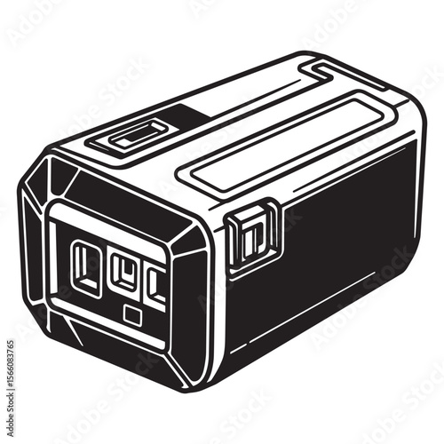Detailed black and white outline of an electronic device with geometric panels and a sleek design
