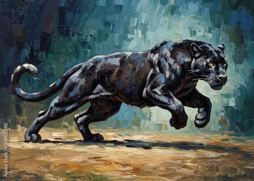 Striking impasto oil painting of a sleek black panther in motion. Wild animals.