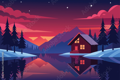 winter landscape with houses and mountains