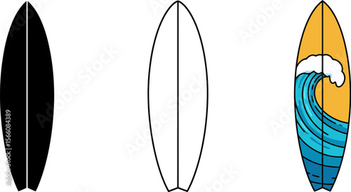Surfboard vector illustration with wave design and outline for summer surfing and water sports icon