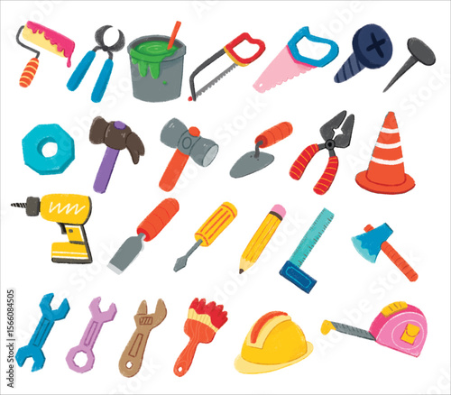 handyman tools Illustration with crayon style editable for cards, poster decorations, t-shirt prints, stickers, icons and others