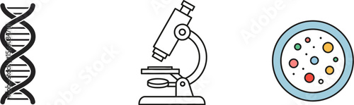 Science research laboratory equipment dna microscope petri dish vector illustration icon set design