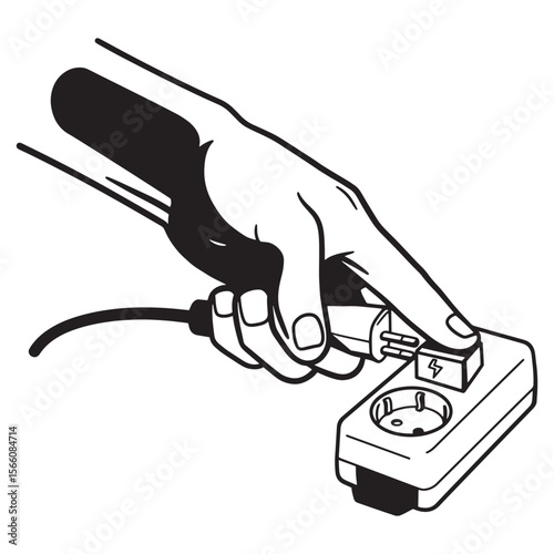 Hand plugging electrical plug into surge protector depicting power and energy concepts