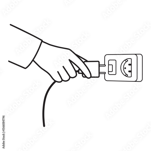 Hand inserting plug into electrical outlet power connection safety concept outline illustration