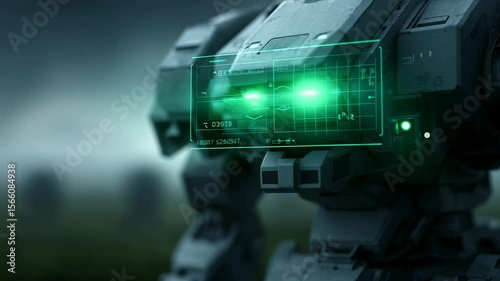 A humanoid robot with glowing green eyes and advanced monitoring systems is positioned in a foggy terrain