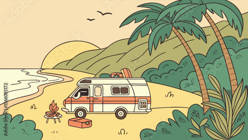 Beachside camping van life adventure illustration with palm trees and campfire scene for travel and vacation