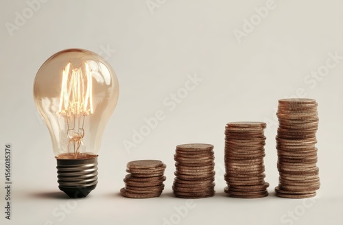 A glowing vintage light bulb next to four stacks of coins increasing in height, symbolizing growth, investment, and ideas generating profit.