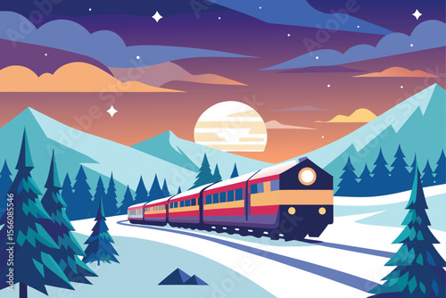 winter landscape with mountains and train