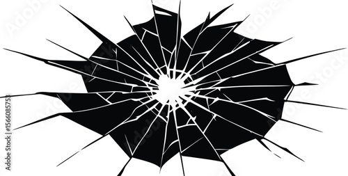 Broken glass window hole in a wall vector illustration design featuring a dandelion pattern and black star wheel circle flower decoration