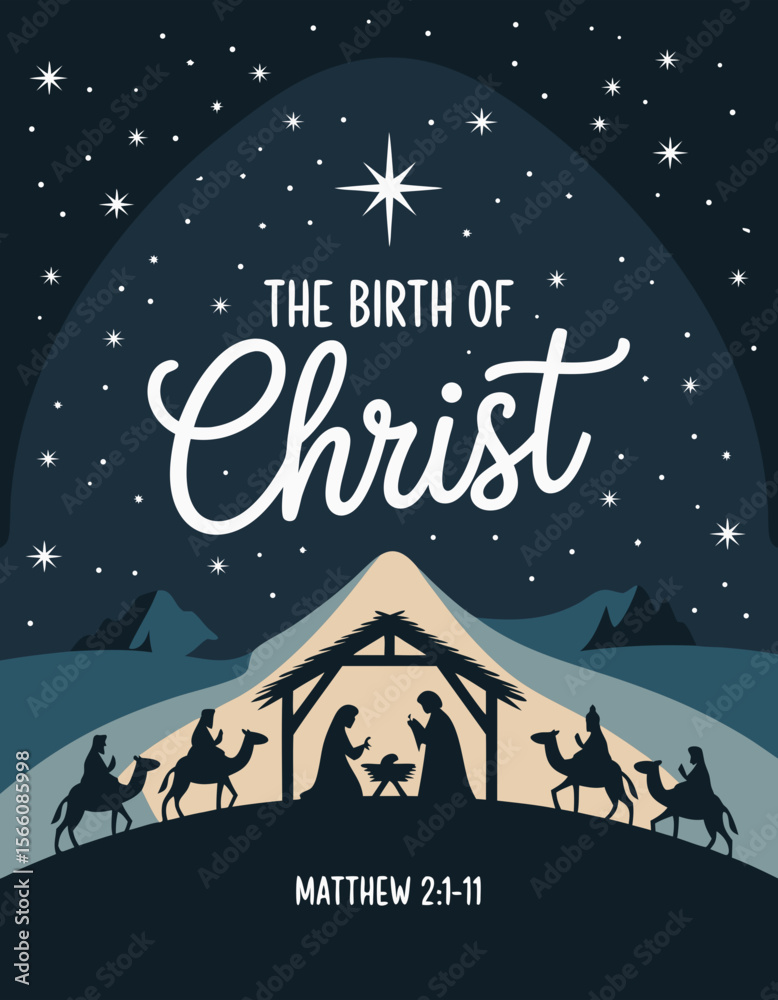 Naklejka premium Nativity scene in Bethlehem featuring silhouettes of wise men, manger, and stars representing the birth of Christ. Suitable for Christmasthemed designs.