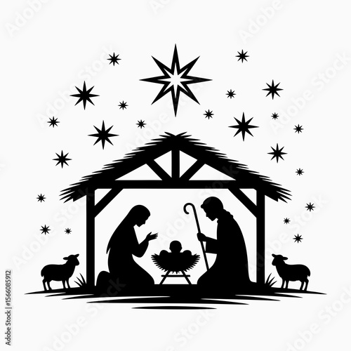 Nativity Bethlehem silhouette featuring Mary, Joseph, Jesus, and sheep; perfect for Christmas cards, banners, religiousthemed projects, and holiday designs.