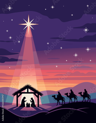 Nativity bethlehem silhouette depicts wise men and a starlit scene. Ideal for Christmas, religious, holiday, nativity, and spiritual concepts.