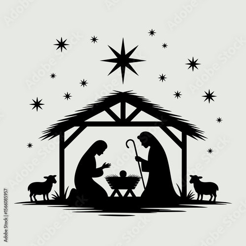 Nativity Bethlehem silhouette featuring Mary, Joseph, Jesus, and sheep; perfect for Christmas cards, banners, religiousthemed projects, and holiday designs.