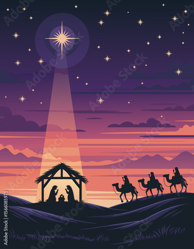 Nativity bethlehem silhouette depicts wise men and a starlit scene. Ideal for Christmas, religious, holiday, nativity, and spiritual concepts.