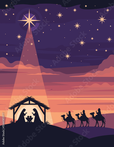 Nativity bethlehem silhouette depicts wise men and a starlit scene. Ideal for Christmas, religious, holiday, nativity, and spiritual concepts.