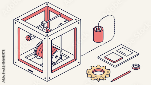 Isometric 3D Printer Illustration: Modern Additive Manufacturing Technology and Design Elements