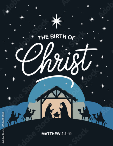 Nativity scene in Bethlehem featuring silhouettes of wise men, manger, and stars representing the birth of Christ. Suitable for Christmasthemed designs.