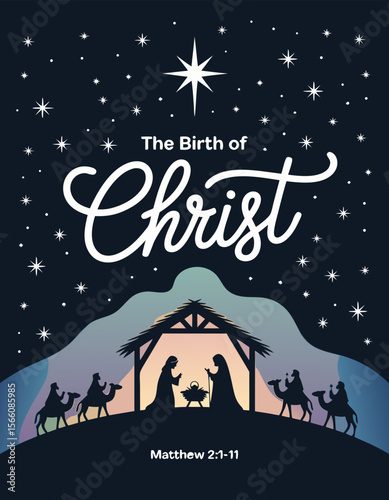 Nativity scene in Bethlehem featuring silhouettes of wise men, manger, and stars representing the birth of Christ. Suitable for Christmasthemed designs.