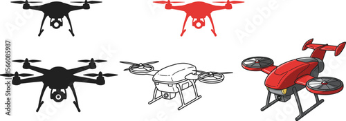 Drone vector illustration set, different drone designs, black silhouette drone and colored drone art