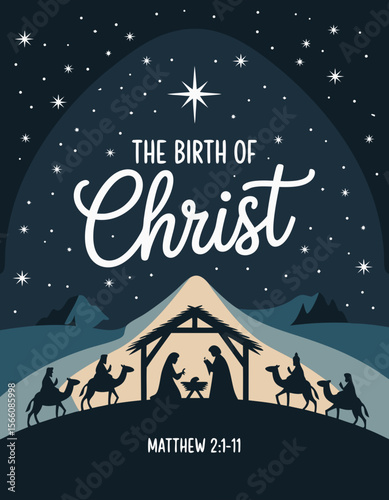 Nativity scene in Bethlehem featuring silhouettes of wise men, manger, and stars representing the birth of Christ. Suitable for Christmasthemed designs.