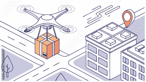 Isometric Drone Delivering Package in Urban Cityscape with Location Pin, Modern Last Mile Logistics Technology Illustration