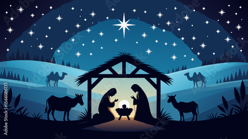 Nativity Bethlehem Silhouette featuring Mary, Joseph, baby Jesus, and wise men. Perfect for Christmas cards, religious designs, and holiday decorations.