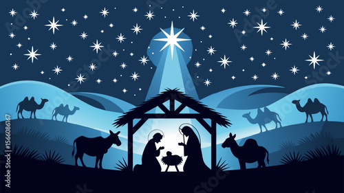 Nativity Bethlehem Silhouette featuring Mary, Joseph, baby Jesus, and wise men. Perfect for Christmas cards, religious designs, and holiday decorations.