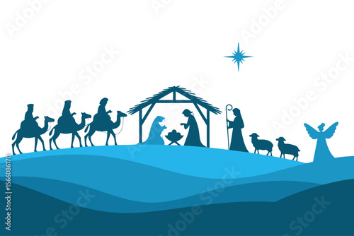 Nativity Bethlehem silhouette featuring wise men, shepherds, angels suitable for Christmas cards, religious websites, and holiday decorations.