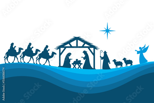 Nativity Bethlehem silhouette featuring wise men, shepherds, angels suitable for Christmas cards, religious websites, and holiday decorations.